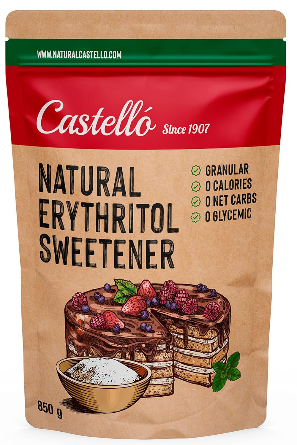 Natural Erythrit - Kristallzucker | 10G = 7G Zucker | Natürlicher Zuckerersatz - 0 Kalorien - 0 Glykämischer Index - Keto Und Paleo - 0 Netto-Kohlenhidrato - Kein GVO - Castello since 1907-1Kg Edulcorantes Naty Shop 850 G (1Er Pack)