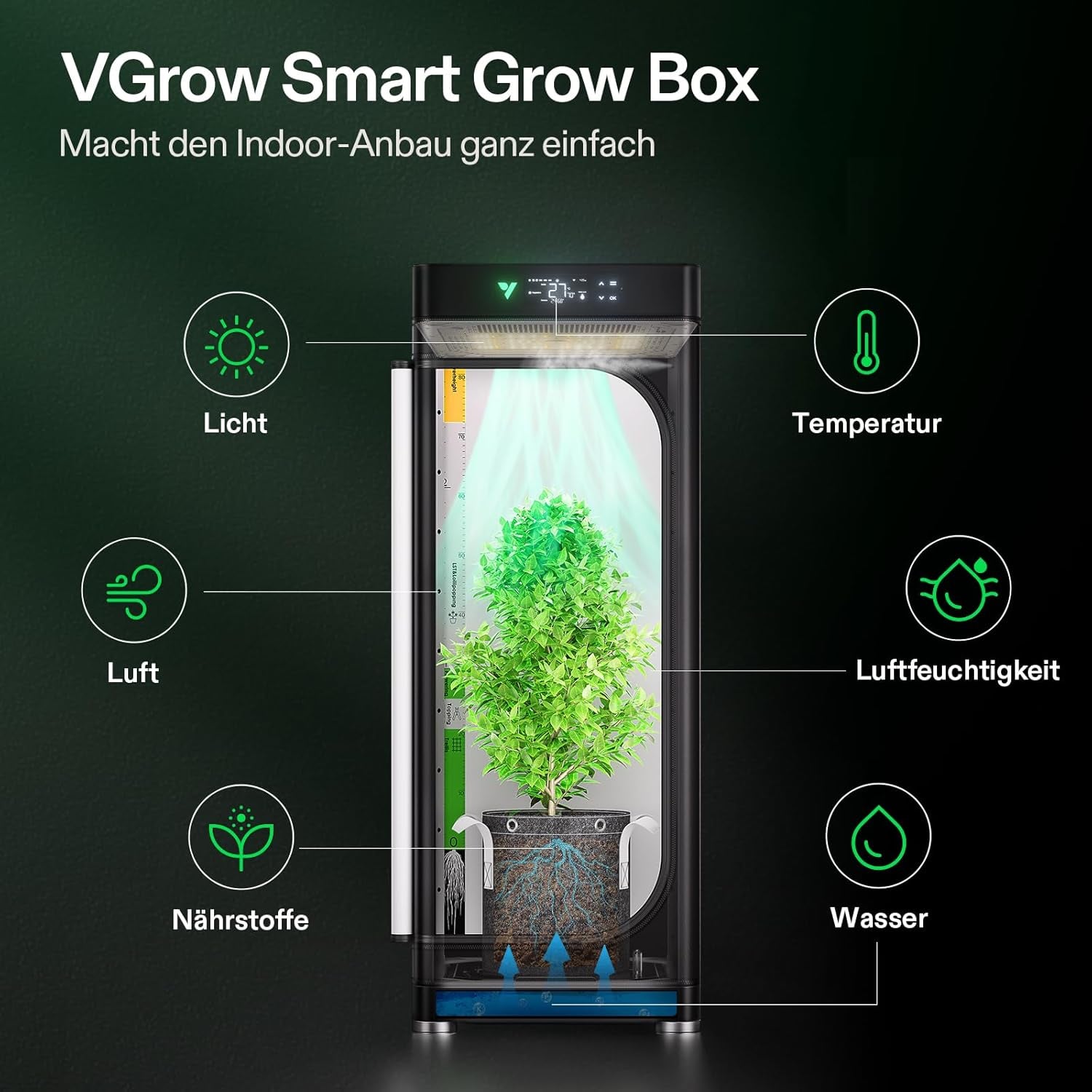 VGrow Caja de cultivo inteligente todo en uno, sistema profesional con lámpara de cultivo Samsung LM301H EVO, sistema avanzado de circulación y ventilación, riego, suministro de nutrientes para hidroponía de interior