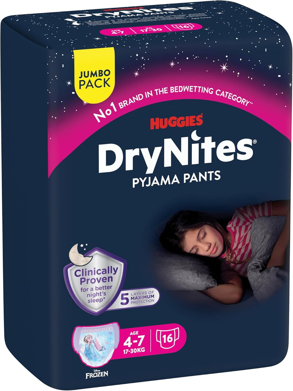 Huggies DryNites pañales nocturnos súper absorbentes para niñas de 4 a 7 años, 4 x 16 pañales tipo panty (64 unidades), paquete mensual