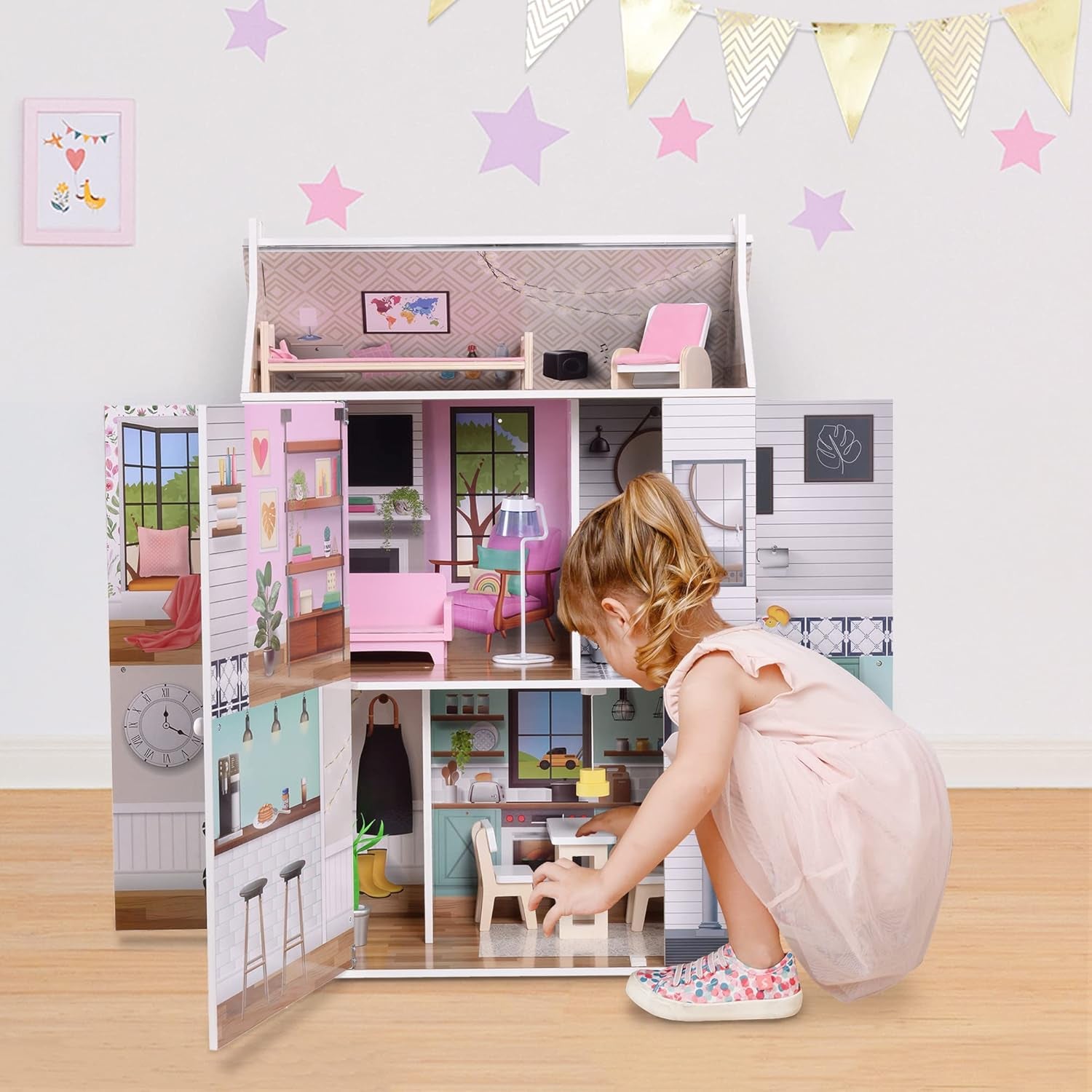 Casă de păpuși interactivă din lemn pentru copii, Olivia's Little World, Dreamland, cu 3 etaje și 13 accesorii pentru mobilier de păpuși, albă, TD-13632A