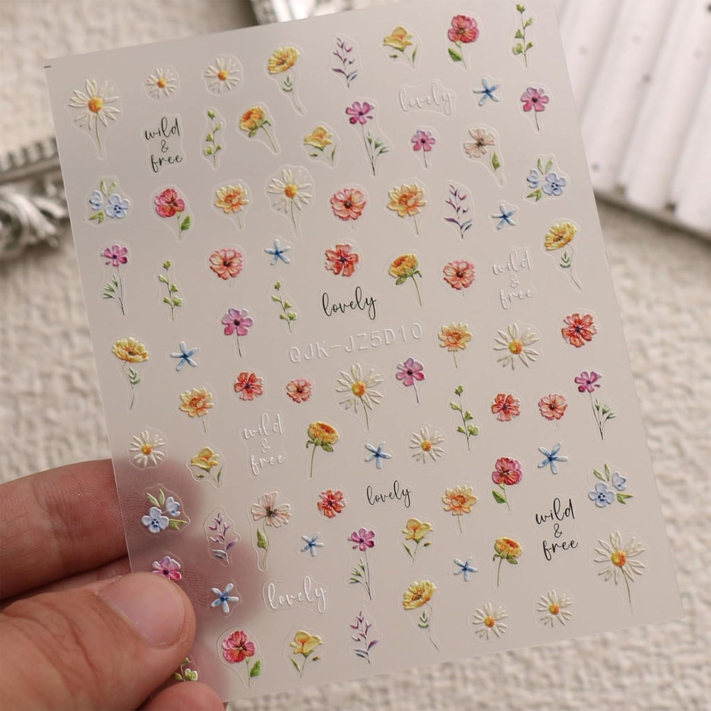 JMEOWIO 3D Nagelsticker Blumen Nail Art Sticker Selbstklebend Nagelaufkleber 5D Stereoskopisch Frühling Sommer Blumen Dekoration Nageldesign Zubehör 4 Blatt