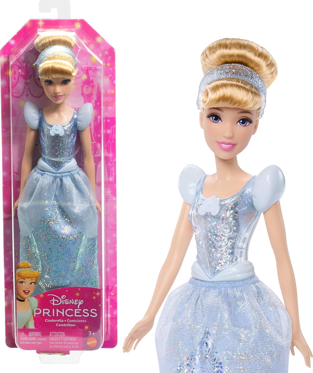 Mattel DISNEY Prințesa Cenușăreasa - Păpușă articulată cu ținută strălucitoare, pantofi detașabili și diademă, păr pieptănat pentru distracție de coafare, pentru copii cu vârsta de 3 ani și peste, HLW06