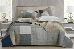 Chezmoi Collection Addy Patchwork Quilt Set bumbac pre-spălat, ușor, reversibil, pentru toate anotimpurile, supradimensionat, 3 piese, albastru marin, alb, gri, taupe, în carouri Plapumi si pilote Naty Shop