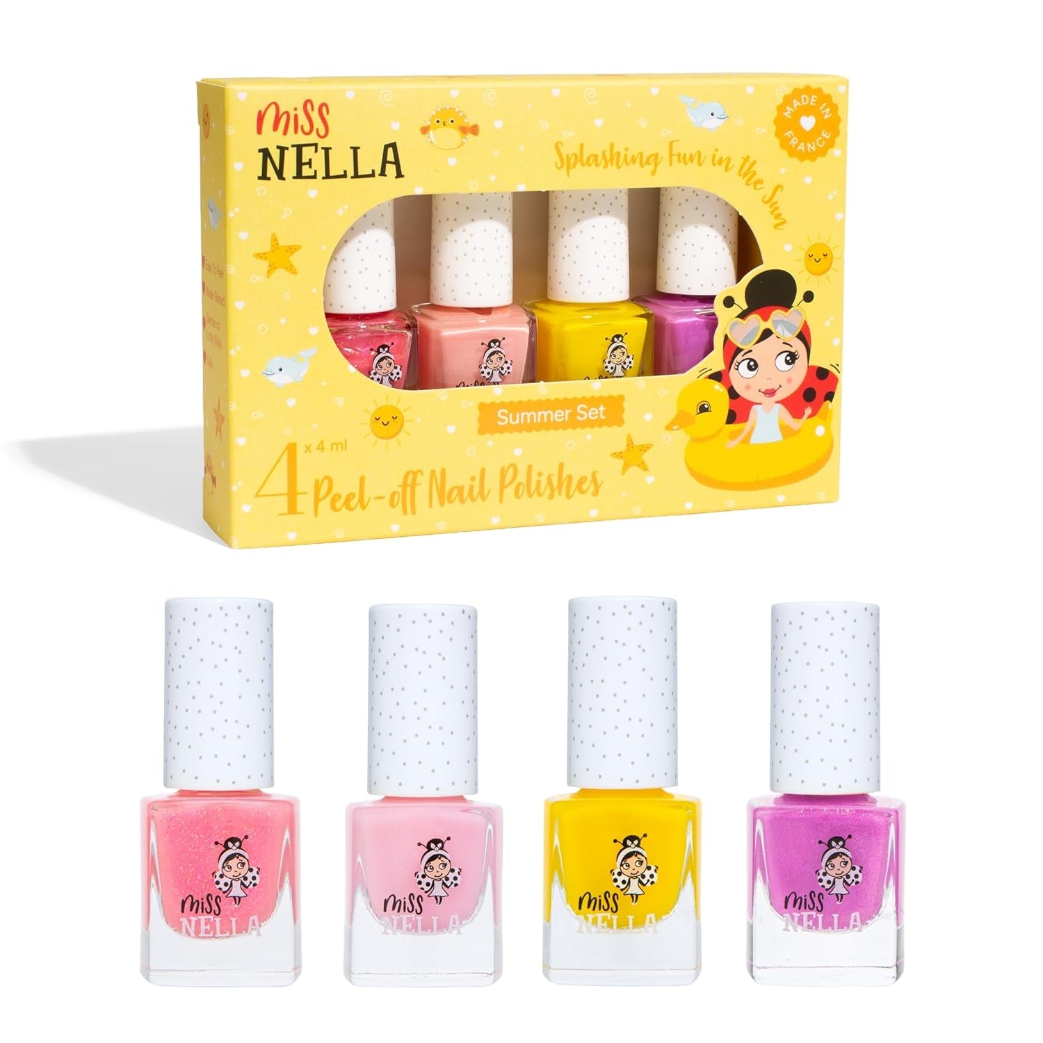 Miss Nella Magic Collection Juego de 4 esmaltes de uñas con purpurina: rosa, rojo, dorado y azul, esmalte de uñas extraíble especial para niños, no tóxico, a base de agua, inodoro