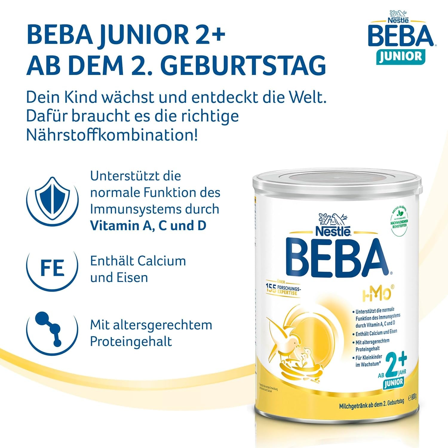BEBA Junior 2+ bebida láctea a partir de 2 años, Con HMO, Contenido de proteínas apropiado para la edad, Solo lactosa, Sin aceite de palma, Sin aceite de pescado, Comida para niños pequeños, Leche en polvo para bebés, Paquete de 6 (6 x 800 g)