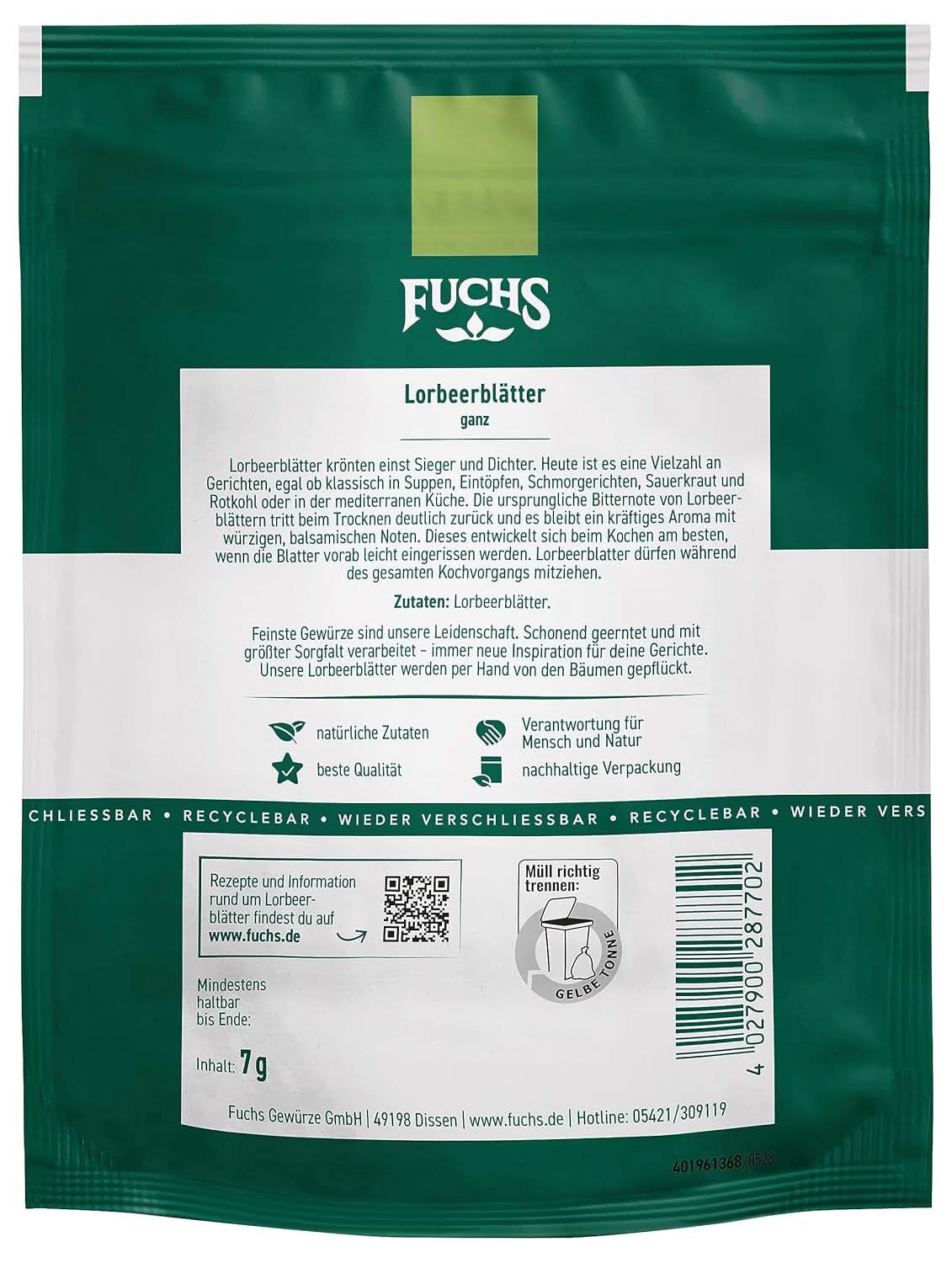 Fuchs - Hojas de laurel en bolsa reciclable con cierre - elaborado con ingredientes naturales - 7 gramos Condimentos Naty Shop