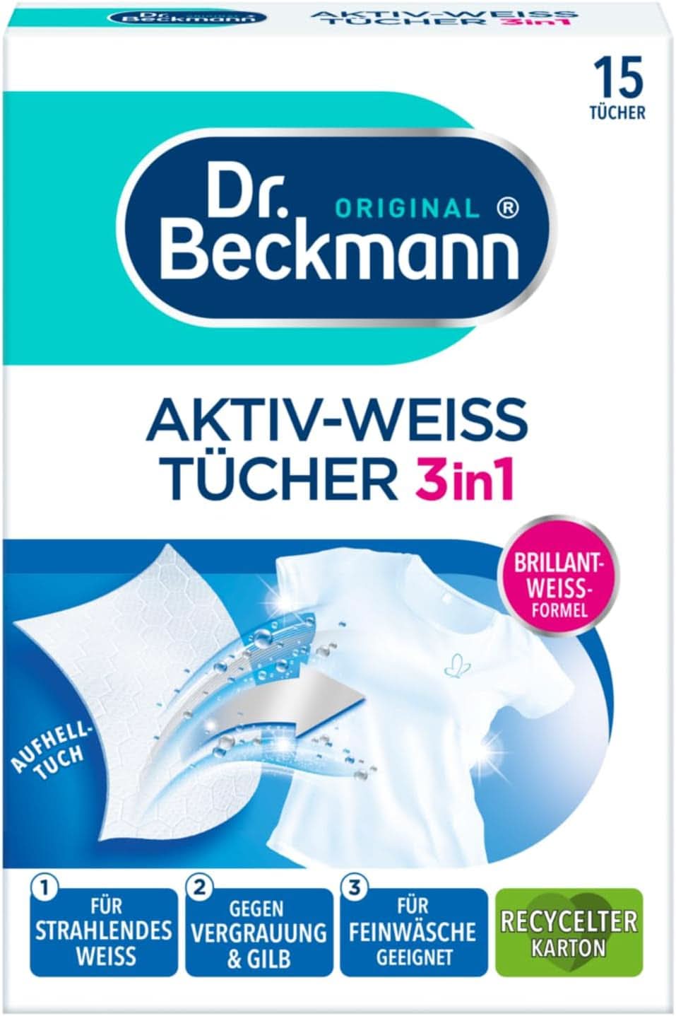 Dr. Beckmann Fest toallitas, Active-White, 15 toallitas Detergentes para ropa Naty Shop White