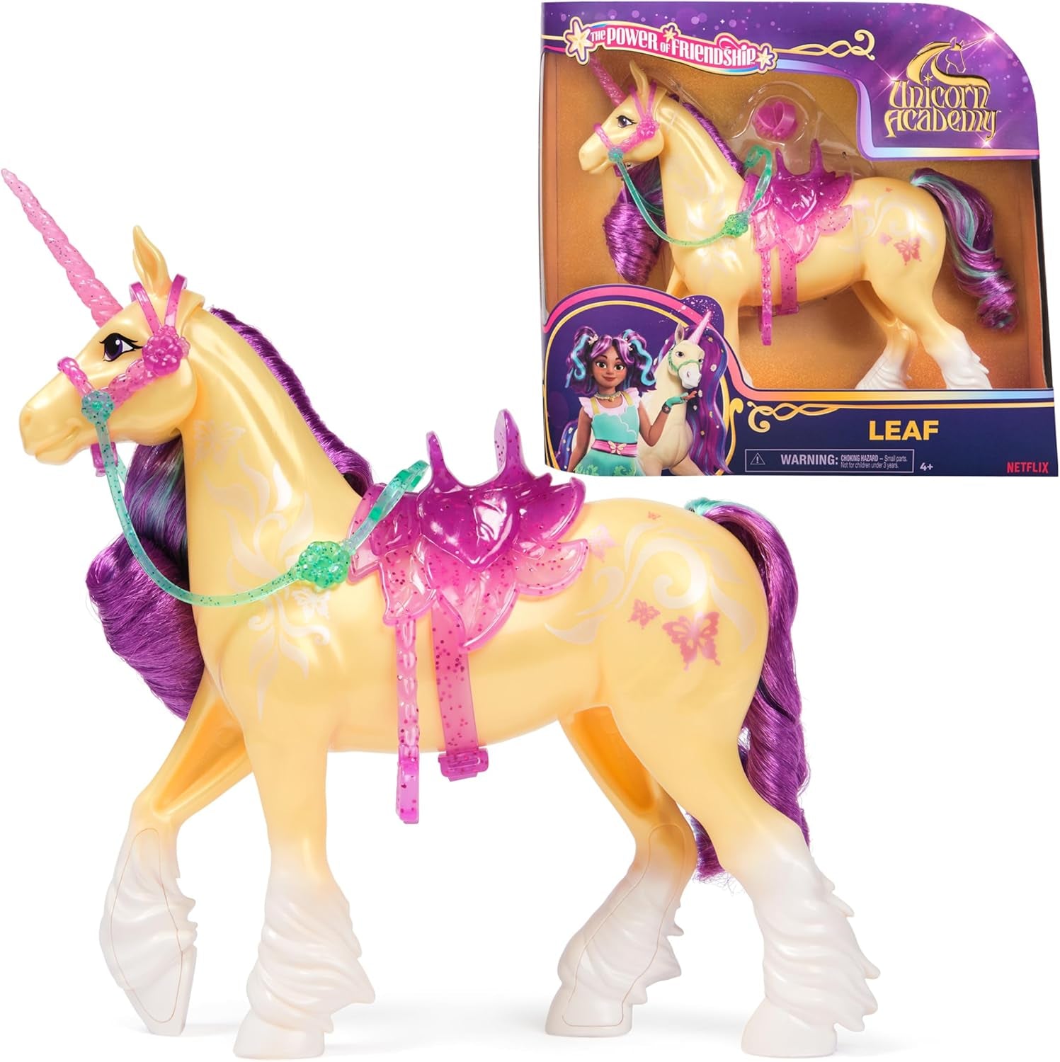 Frunză de Unicorn Unicorn Academy - 28 cm înălțime, unicorn original de Ava din serialul Netflix, cu coamă și coadă reale, frâu și șa detașabile și perie, pentru copii cu vârsta de 4 ani și peste