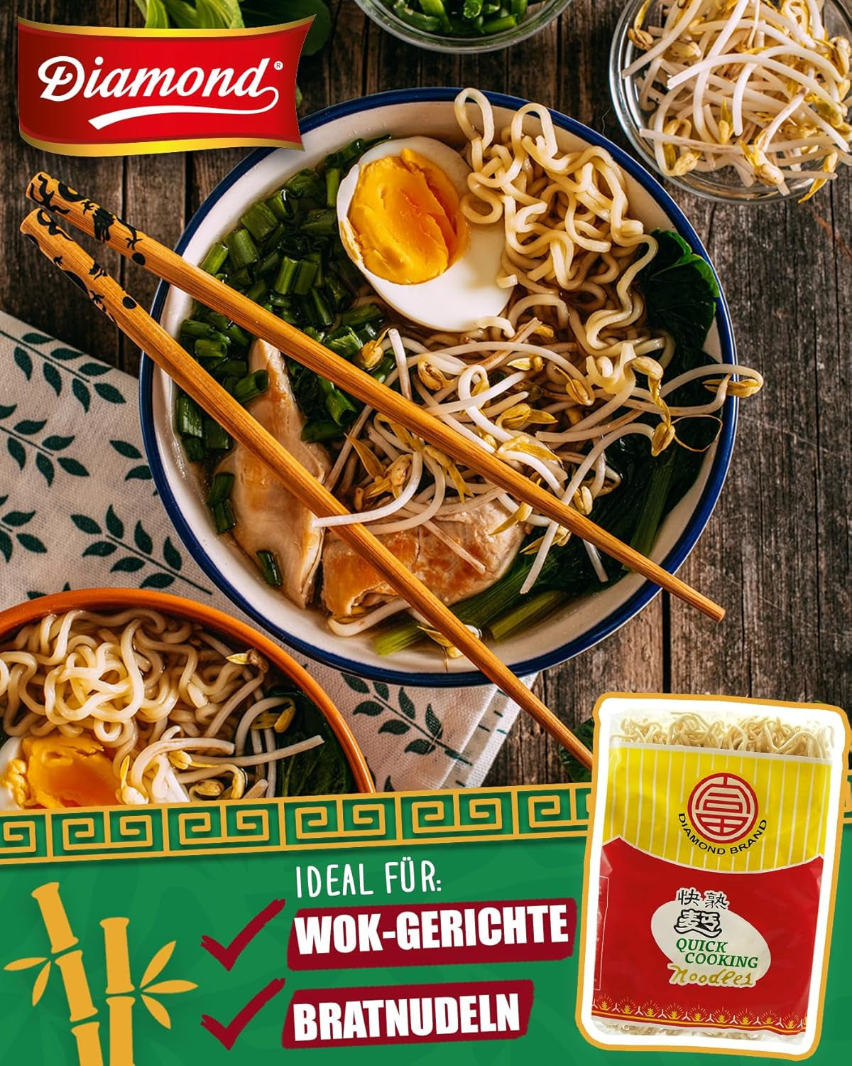 DIAMOND Fideos instantáneos sin huevo, fideos instantáneos al wok con harina de trigo y guarniciones - 4 x 500 g