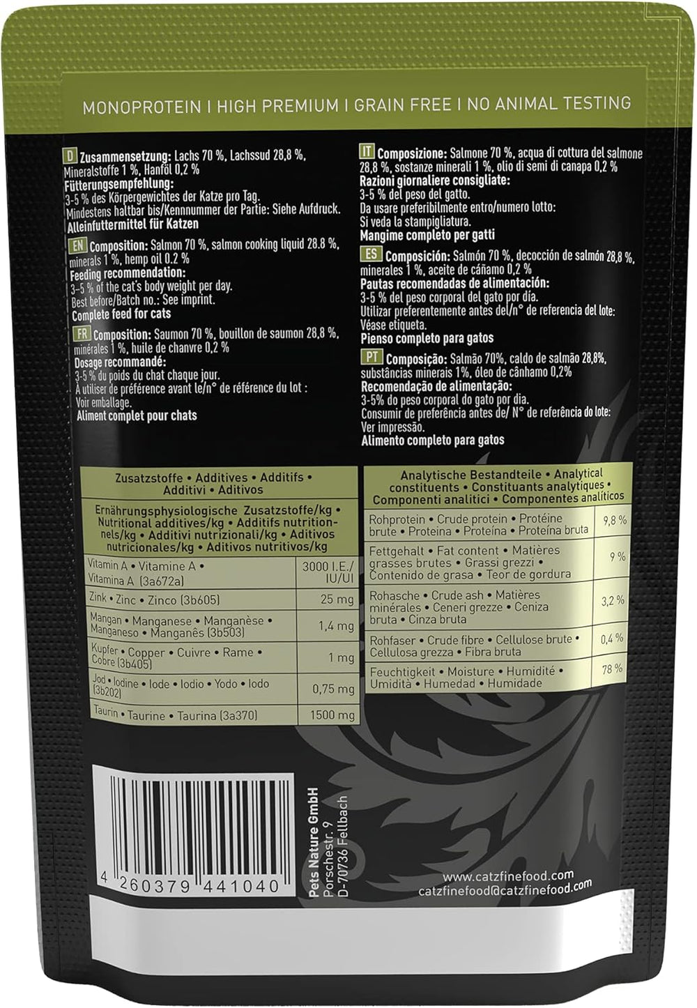 Hrană umedă pentru pisici Catz Finefood Purrrr cu monoproteină și somon nr. 105, pentru pisici cu digestie sensibilă, 16 x 80 g