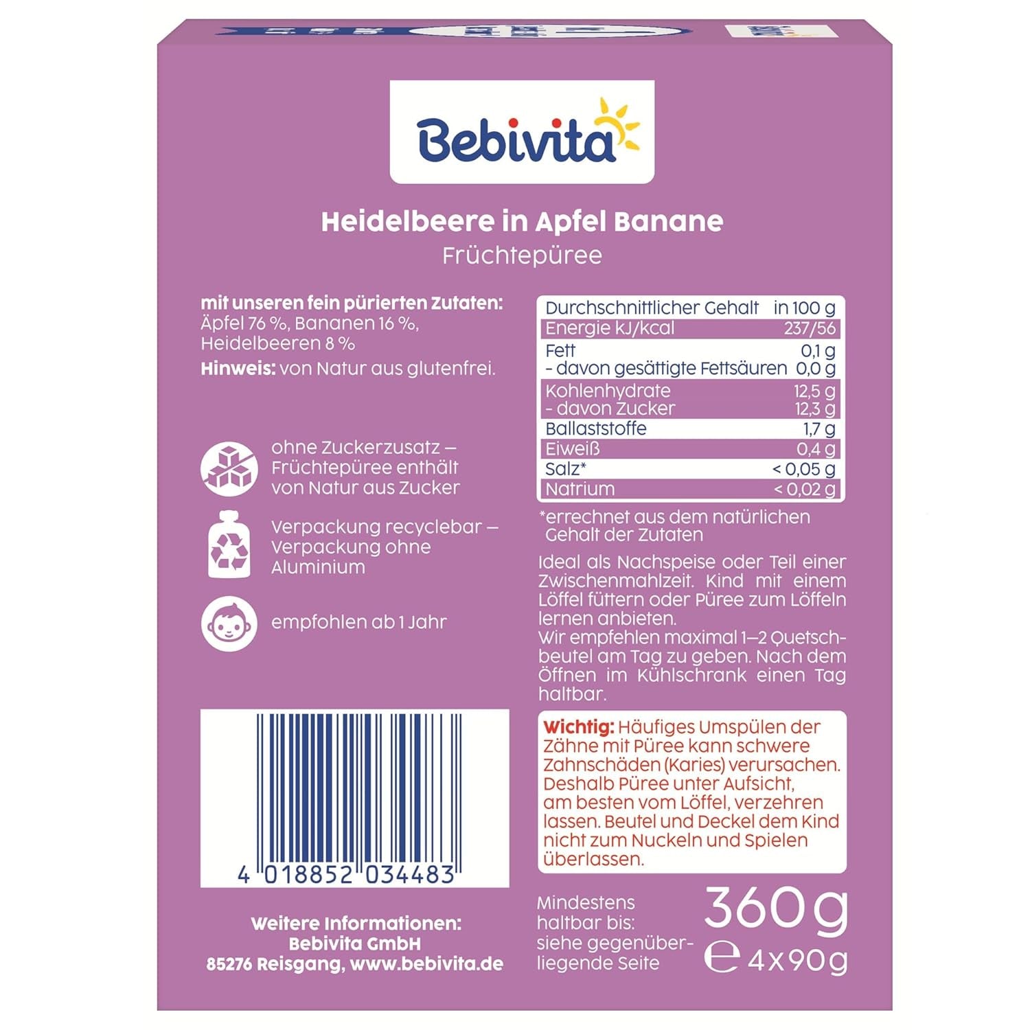 Bolsitas exprimibles de arándanos, manzana y plátano: 16 (4 paquetes, 4 x 90 g cada uno), sin azúcar añadido, sin gluten, ideales para llevar y snacks para llevar