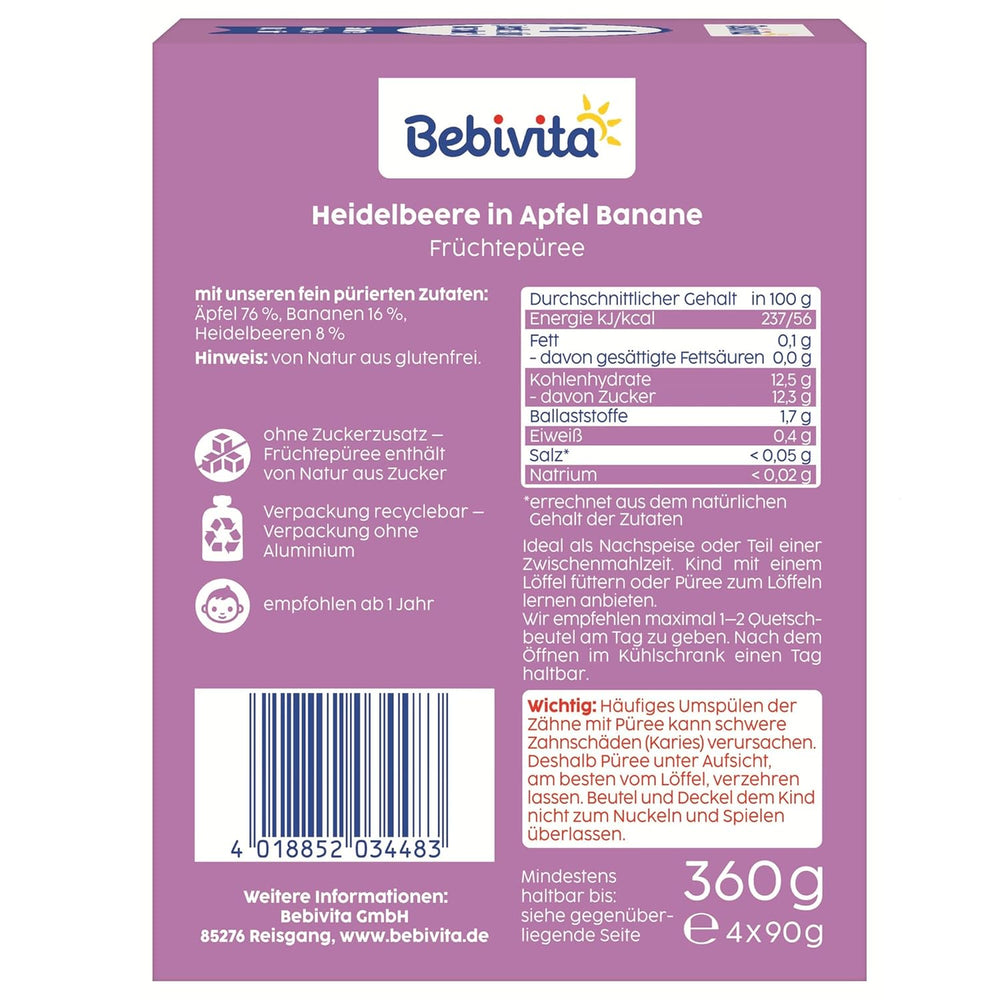 Bolsitas exprimibles de arándanos, manzana y plátano: 16 (4 paquetes, 4 x 90 g cada uno), sin azúcar añadido, sin gluten, ideales para llevar y snacks para llevar