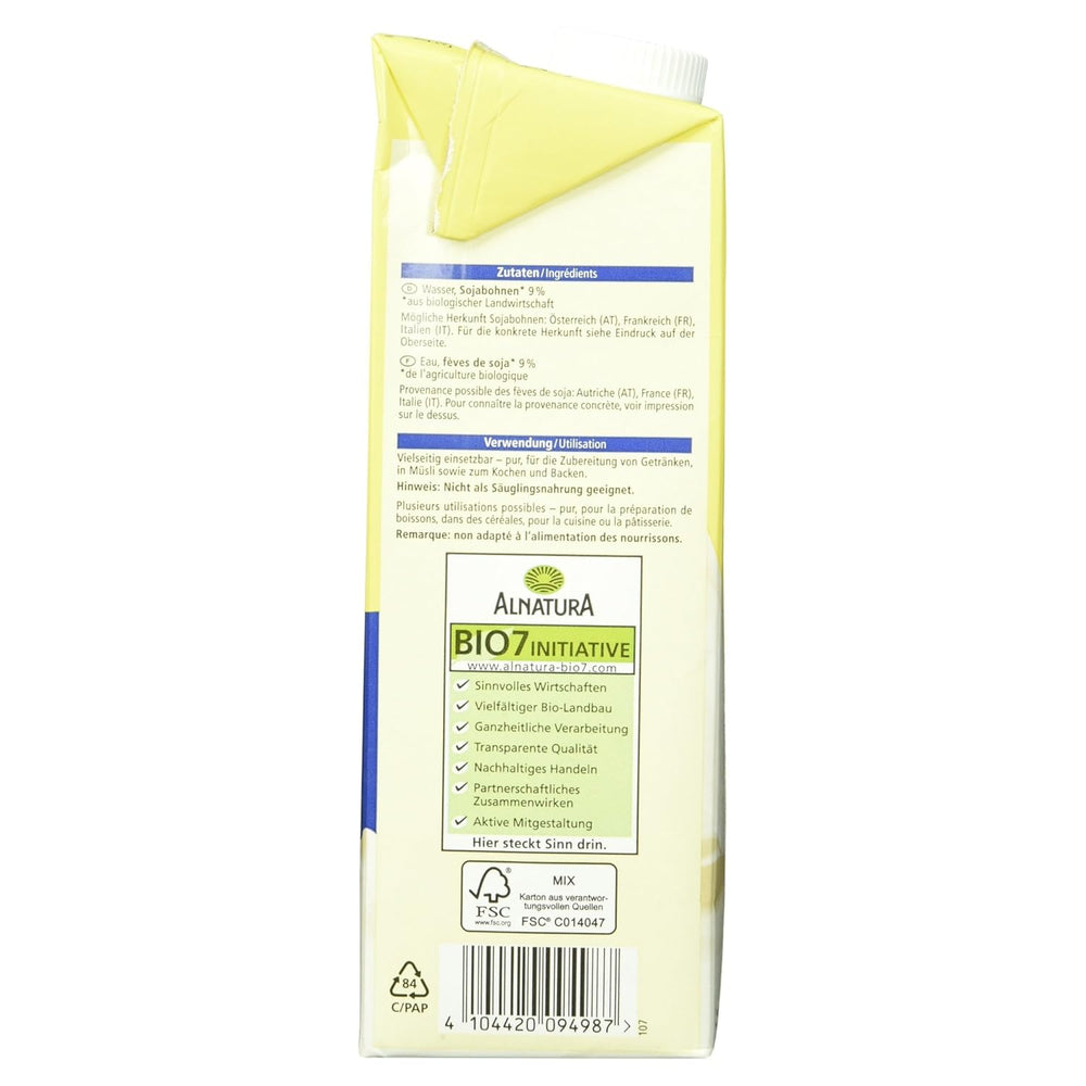 Bebida de Soja Bio, sin grasa, sin gluten, sin lactosa, vegana, Pack 8er (8 x 1 kg)