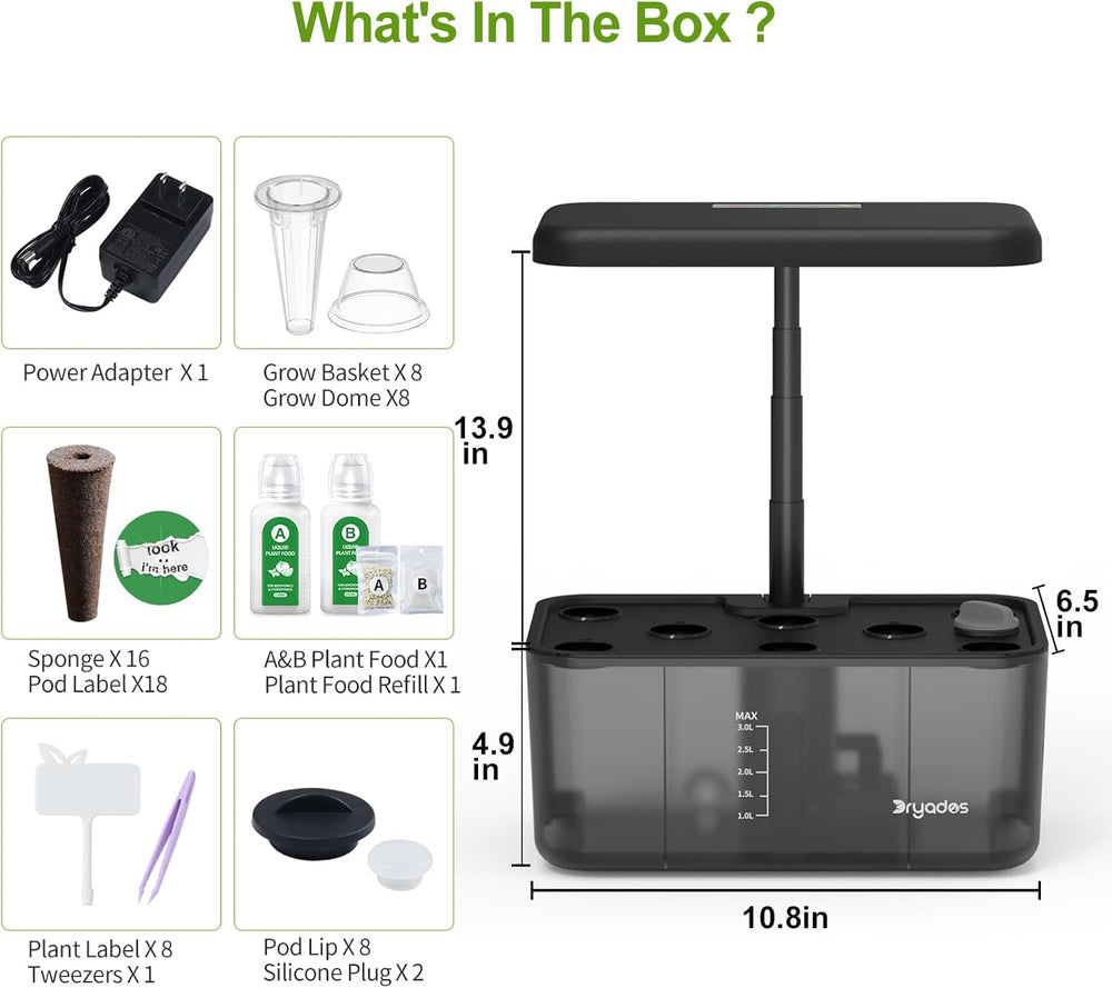 Sistema de cultivo hidropónico: 8 cápsulas, lámpara LED de espectro completo de 24 W con advertencia de nivel bajo de agua | Jardín interior para cocina, salón, escuela | Idea de regalo para jardineros aficionados.