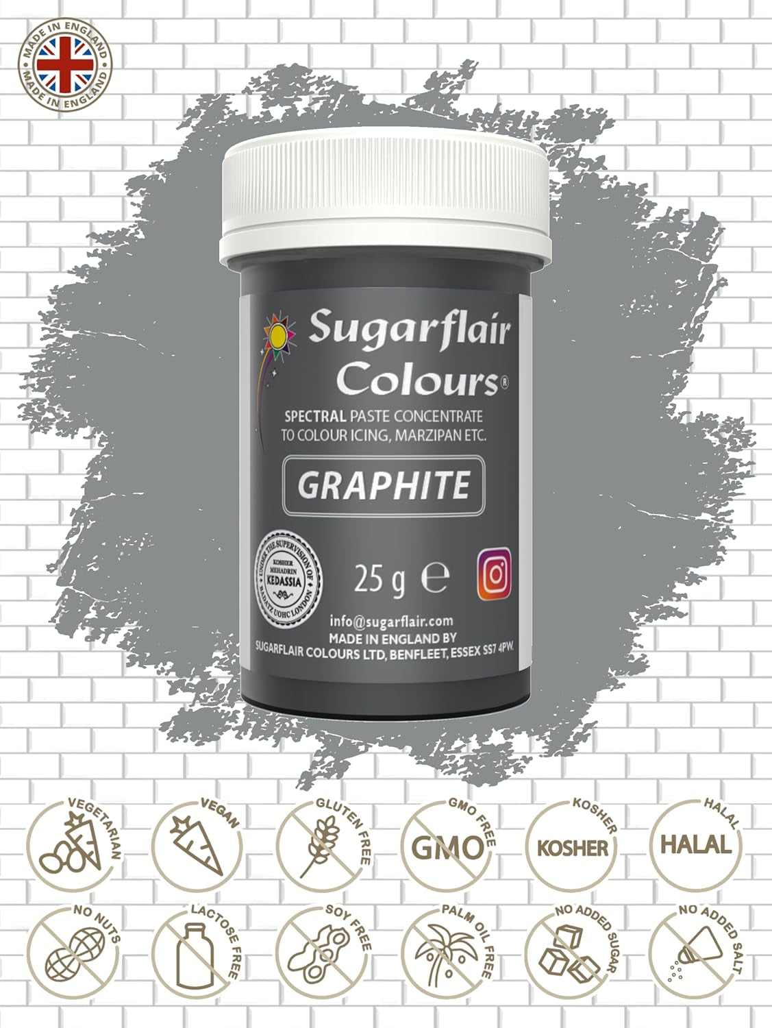 Pastă de colorant alimentar Sugarflair Grafit, colorant alimentar spectral concentrat pentru cremă de unt, pastă de zahăr, glazură, mixuri pentru prăjituri, macarons și multe altele! - 25g