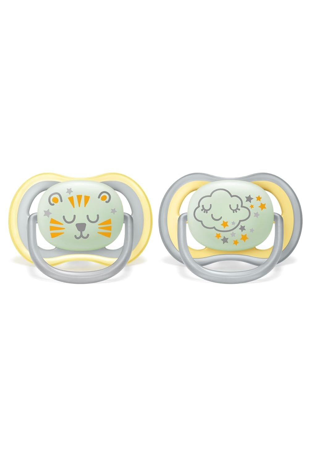 Suzetă Philips AVENT Ultra Air Nighttime pentru bebeluși peste 18 luni, strălucește în întuneric, pachet dublu, nor/tigru (model SCF376/01)