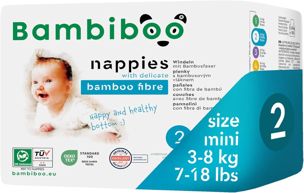 Bambiboo Mini Pañales Desechables Amigables con la Piel con Abertura Umbilical de Fibra de Bambú Suave - Pañales para Recién Nacidos - Pañales Desechables para Recién Nacidos - Protección de la Piel - Talla 2, 25 piezas