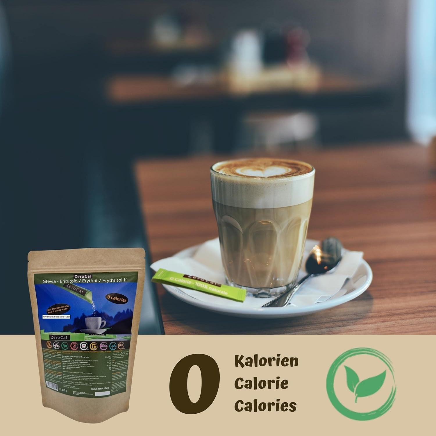 Zerocal - 1:1 (Eritritol + Stevia) 100 Sticks Je 3 G | Ideal para endulzar café, té y otras bebidas Gleiche Süßkraft Von Zucker | Sin gluten, vegano, sin OGM | Kalorien Und GI = 0 Edulcorantes Naty Shop