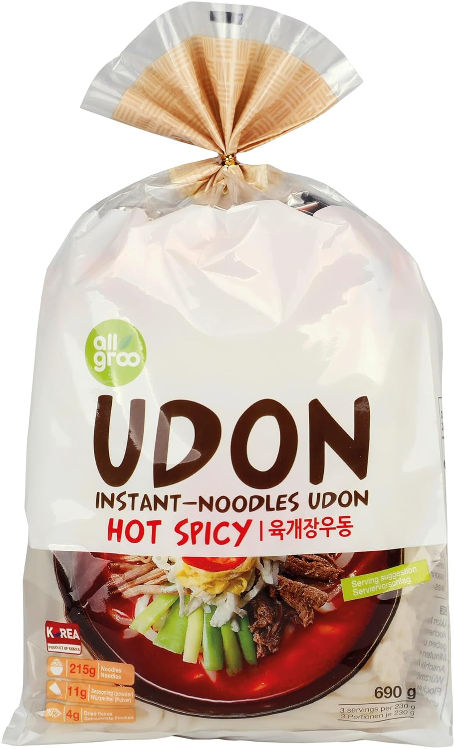 Allgroo Udon Instant Noodles - Sopa Udon picante, preparación rápida - Contiene 3 porciones - 1 x 690g