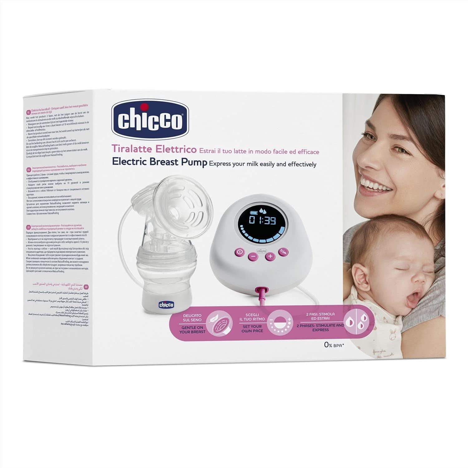 Chicco Sacaleches eléctrico con fases de estimulación y extracción, 10 niveles de intensidad, cómodo y rápido, forma ergonómica, con tetina inclinada y tapón hermético, blanco, 150 ml Accesorios Alimentación y Lactancia Bebe Naty Shop