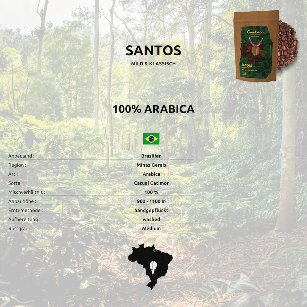 Santos | Boabe de cafea 2500g - 100% Arabica din Brazilia | pentru espresso, cappuccino sau cafea filtrată tare | Omni Roast | Cafea clasică - introducerea perfectă în cafeaua de specialitate