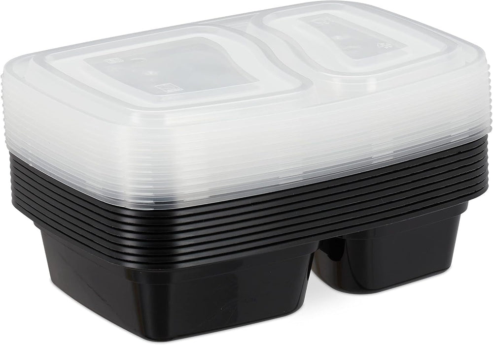 Relaxdays Meal Prep Boxes, set de 10, 2 compartimente, rezistent la microunde, 800 ml, cutie de plastic pentru alimente cu capac, negru Cutii depozitare alimente Naty Shop