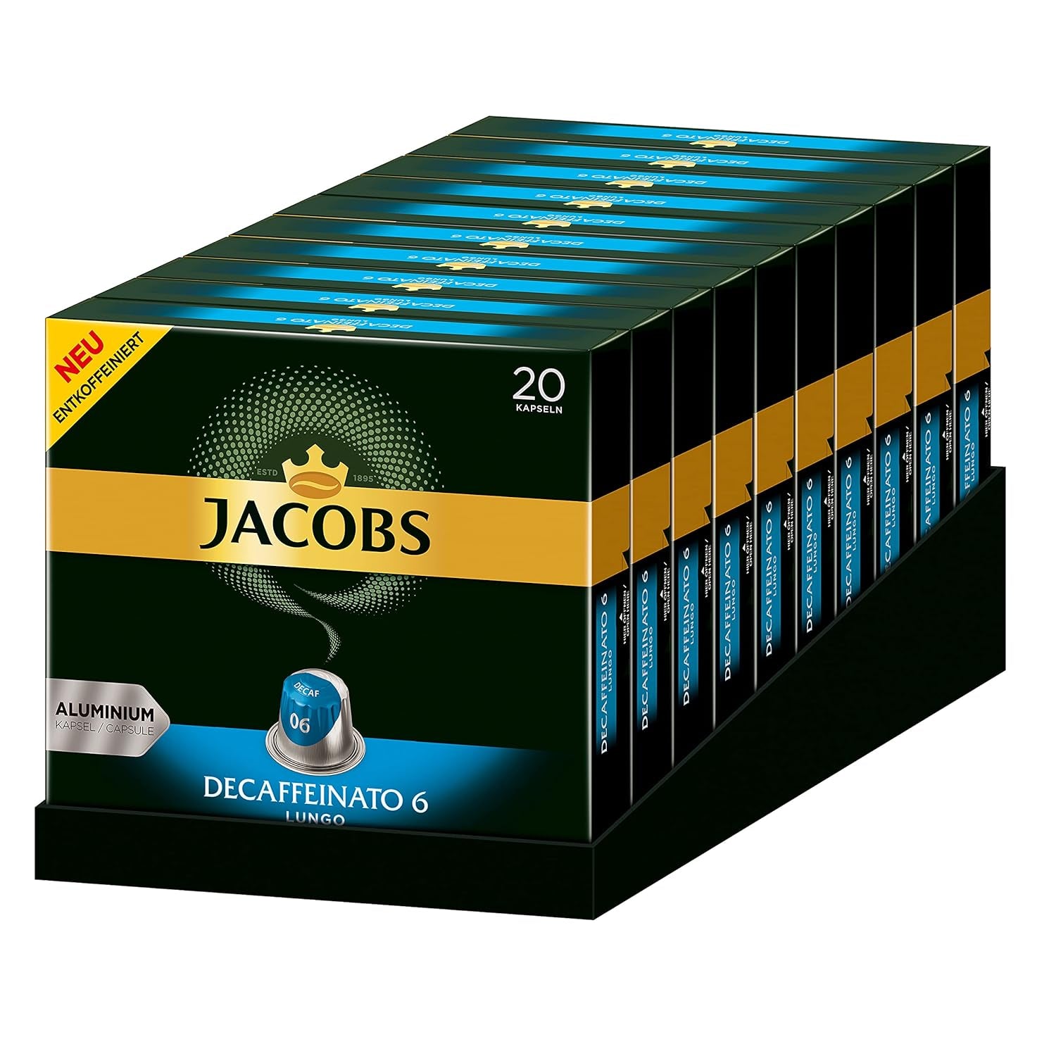Jacobs Kaffeekapseln Lungo Decaffeinato- Intensität 6, 10er Pack, 10 x 20 Getränke & Kaffeekapseln Lungo Intenso, Intensität 8 von 12, 200 Nespresso®* kompatible Kapseln, 10 x 20 Getränke