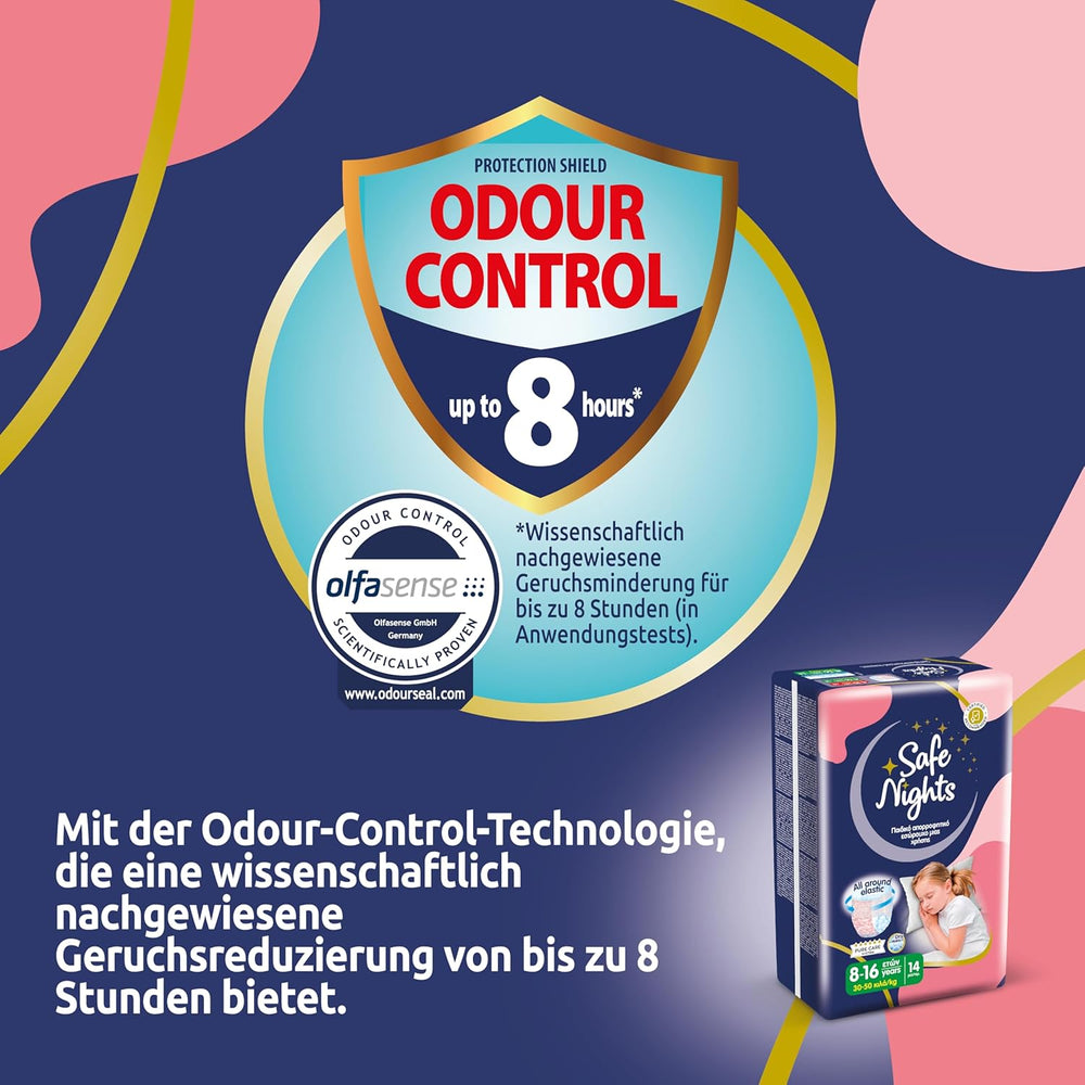 Safe Nights Girl, Ropa de dormir absorbente para niñas de 8 a 16 años (30 a 50 kg), paquete de 14