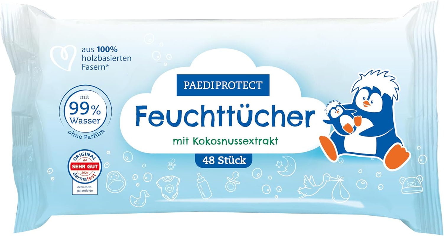 Șervețele umede PAEDIPROTECT pentru bebeluși 1 x 10 bucăți, șervețele umede cu apă pentru bebeluși sensibili cu 99% apă, fără parfum, pentru pielea delicată a bebelușilor și copiilor, cu extract de cocos, fără microplastic, vegane (pachet de 5)