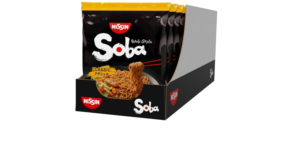 Nissin Bag Soba Noodles - Fideos instantáneos japoneses clásicos, paquete de 9 estilo wok con salsa Yakisoba, comida asiática de cocción rápida (9 x 109 g)