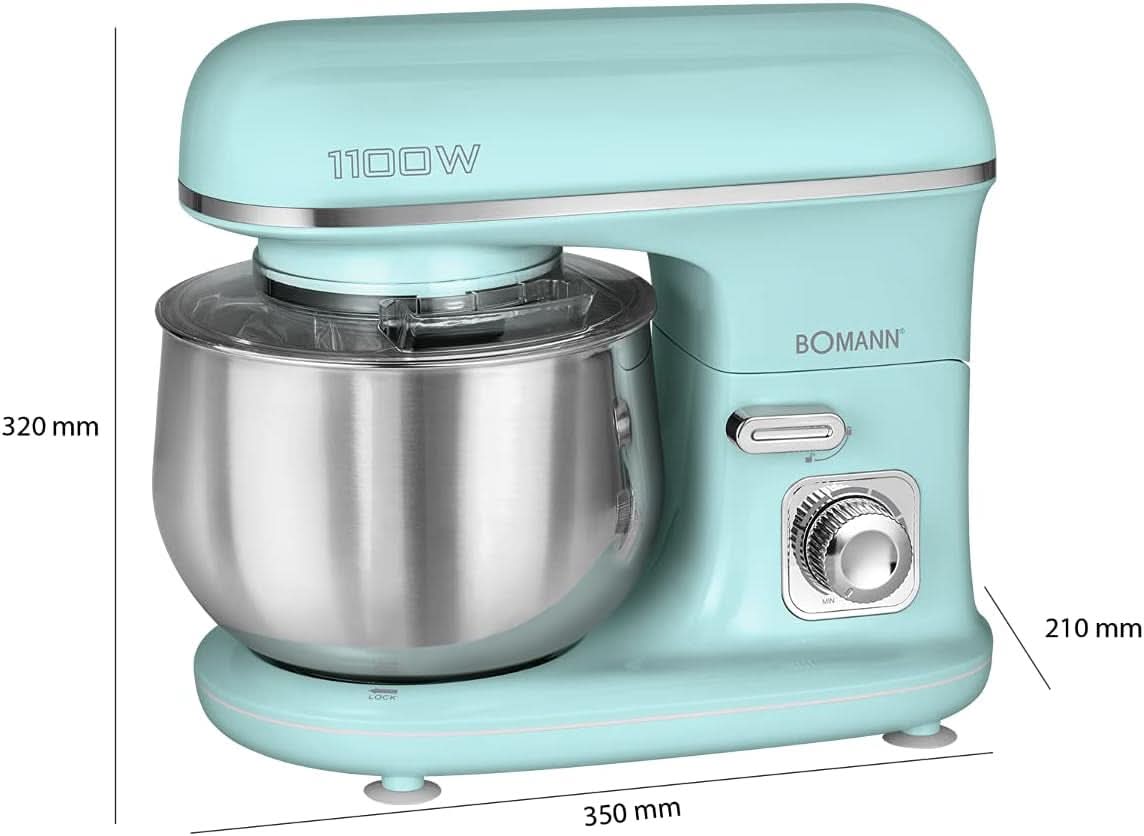 Bomann® Retro Küchenmaschine Zum Backen | Máquina de tejer 5L | Motor más rígido de 1100 W | Teigmaschine Inkl. Haken y Schneebesen | Retro Teigknetmaschine Spritzschutz Mit Nachfüllöffnung – KM 6030 CB Mint-Grün Madre e hijo Naty Shop