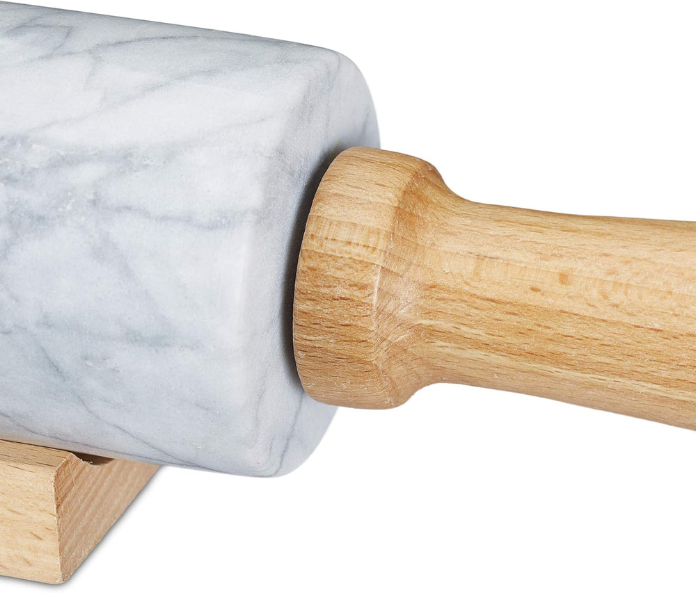 Relaxdays Nudelholz Marmor, Griffe aus Holz, Teigroller zum Kochen & Backen, mit Ablage, 48 cm, schwere Backrolle, blanco