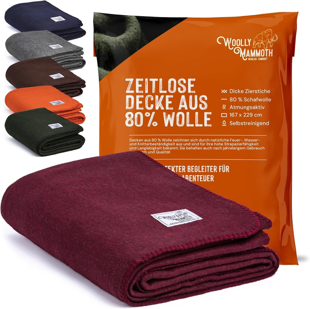 Woolly Mammoth Woolen Co. pătură de camping, extra mare, lână merino, Echipamentul perfect în aer liber pentru bushcraft, camping, trekking, drumeții, supraviețuire sau pătură în cabană. Maro, 168 X 228 Paturi si Cuverturi Woolly Mammoth Woolen Company Burgundy 66\" X 90\"