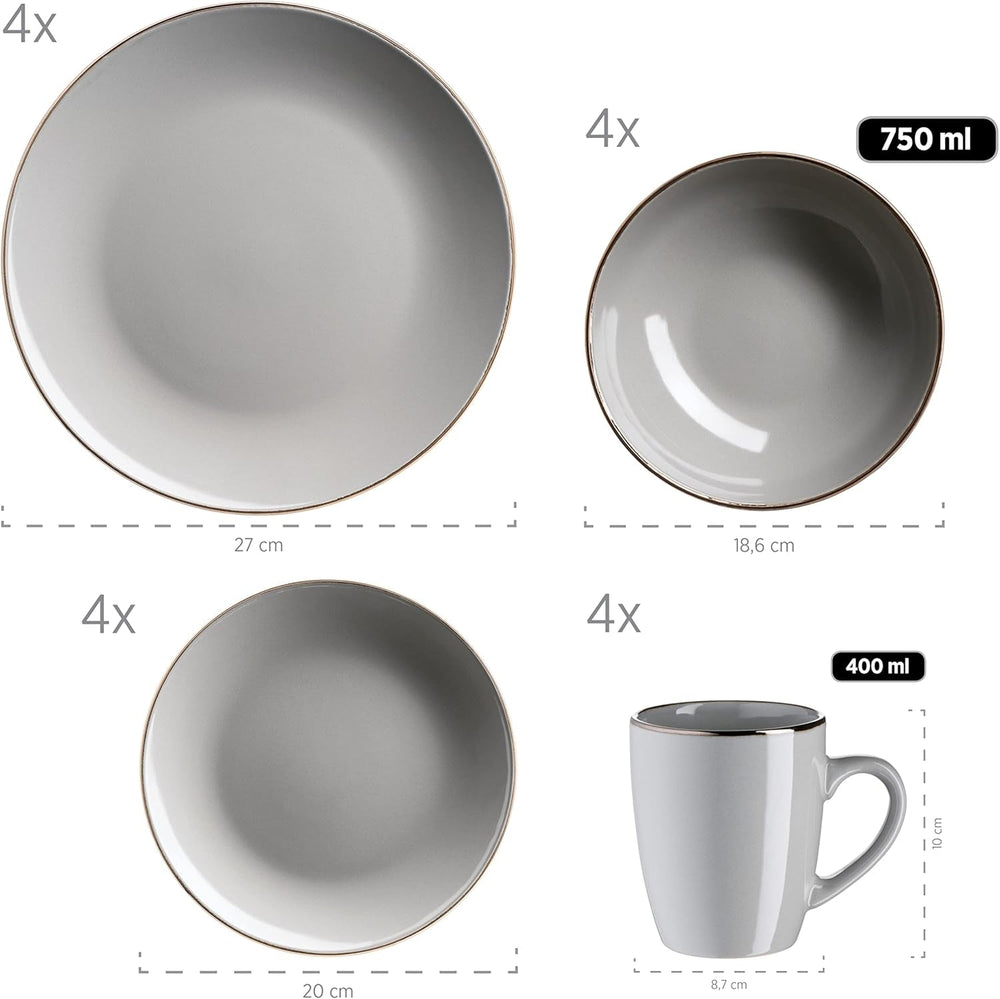 MÄSER Metallic Rim, Modernes Geschirr Set Für 4 Personen Mit Messingfarbenem Rand, 16-Teiliges Kombiservice Mit Randlosen Coupe-Formen, Steinzeug, Grau Juegos de vajilla Naty Shop