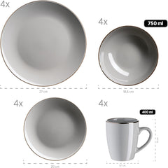 MÄSER Metallic Rim, Modernes Geschirr Set Für 4 Personen Mit Messingfarbenem Rand, 16-Teiliges Kombiservice Mit Randlosen Coupe-Formen, Steinzeug, Grau Juegos de vajilla Naty Shop
