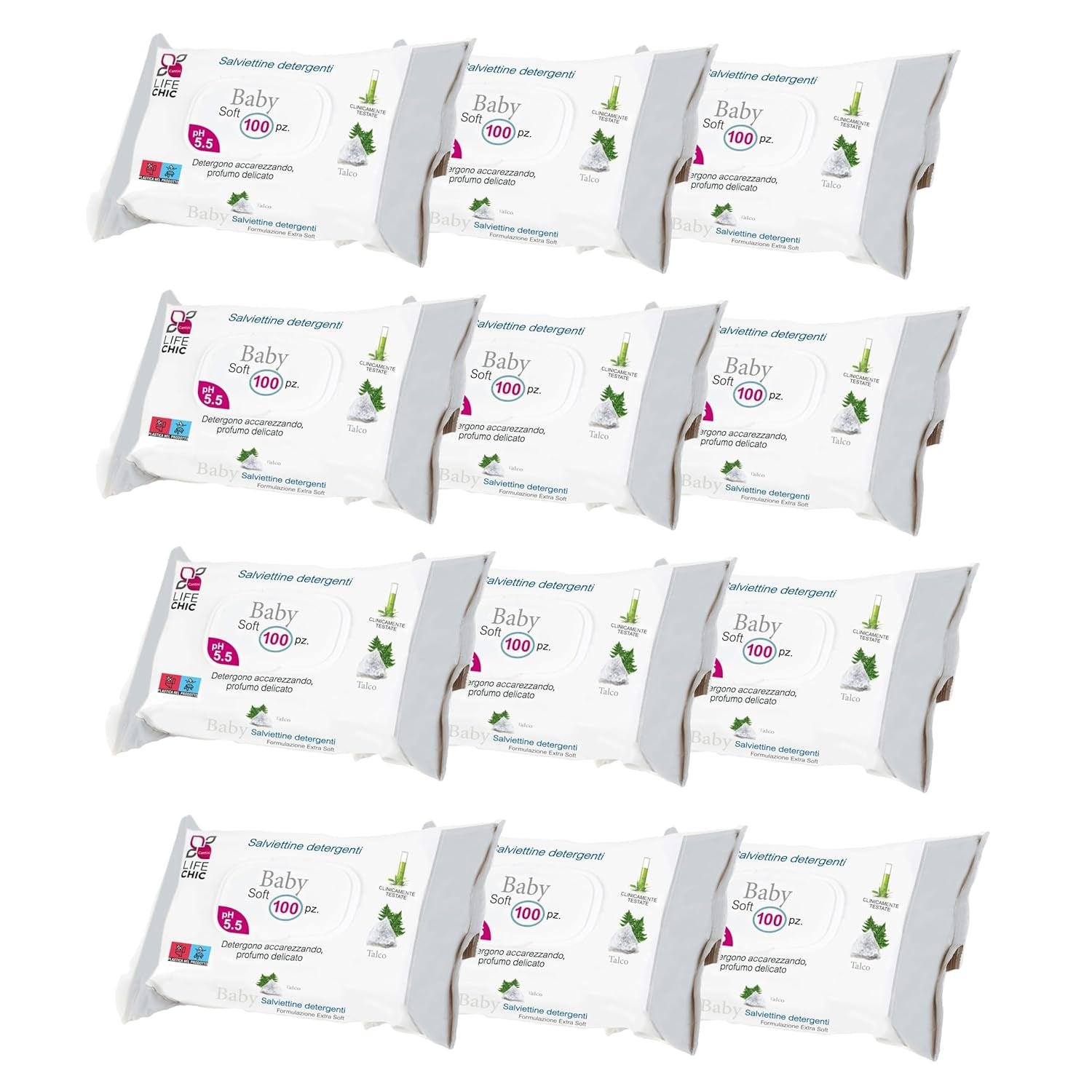 Toallitas para bebés con talco para pieles sensibles, sin alcohol, respetuosas con la piel, pH 5,5, ligeramente perfumadas, 1200 unidades (paquete de 12)