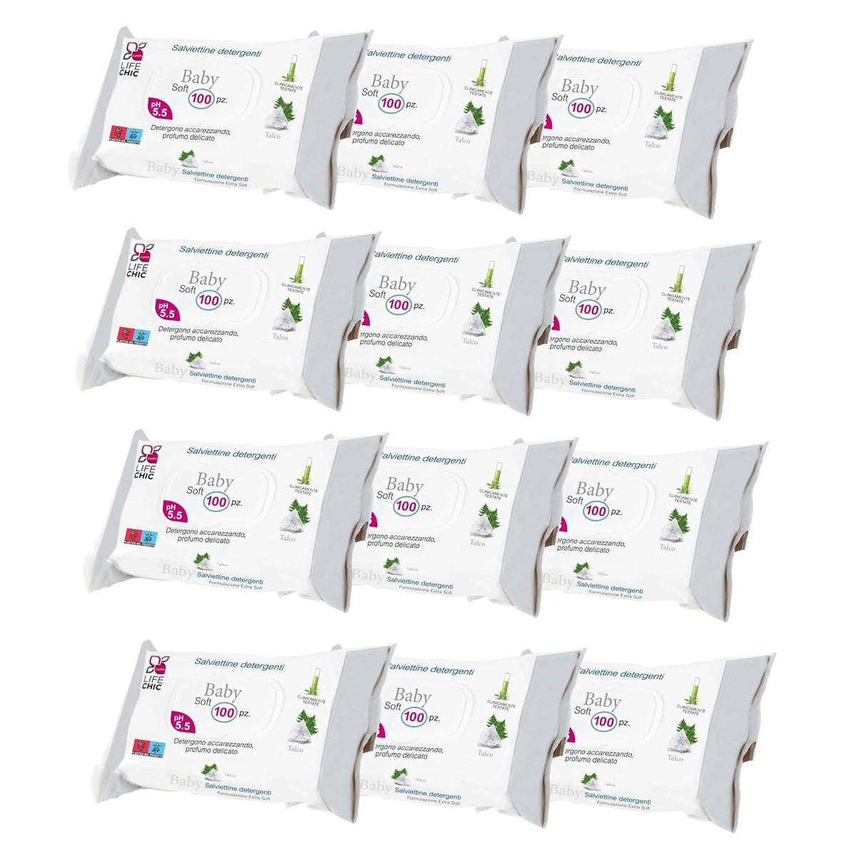 Toallitas para bebés con talco para pieles sensibles, sin alcohol, respetuosas con la piel, pH 5,5, ligeramente perfumadas, 1200 unidades (paquete de 12)