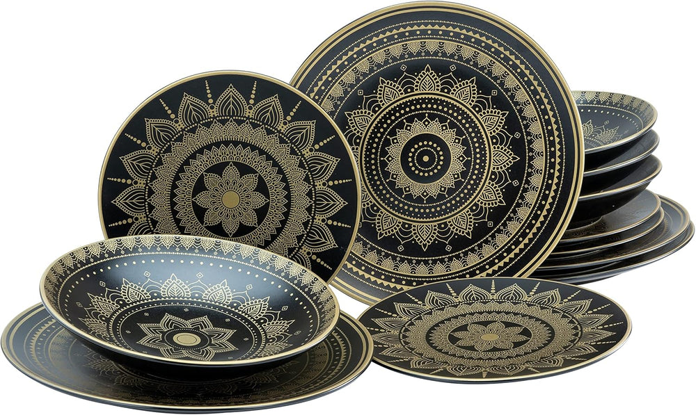 CreaTable, 23588, seria MANDALA GOLD - Negru, set de veselă cu 12 piese, set de farfurii din gresie, potrivit pentru mașina de spălat vase și cuptorul cu microunde, producție de calitate