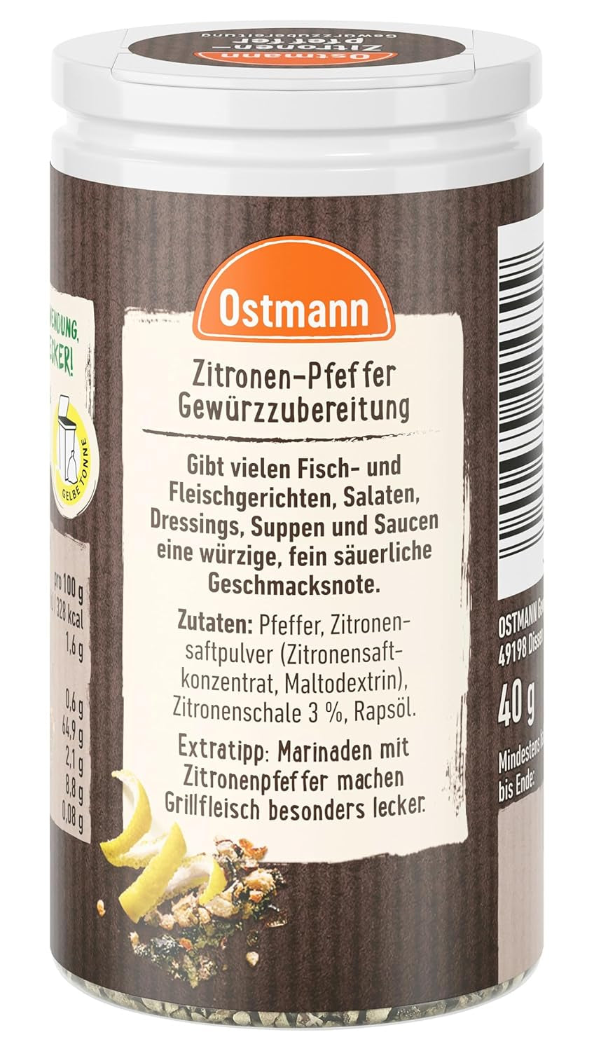 Ostmann Gewürze - Zitronenpfeffer Gewürzzubereitung | Para aderezos para ensaladas, salsas y platos de pescado 40 g en Der Streudose