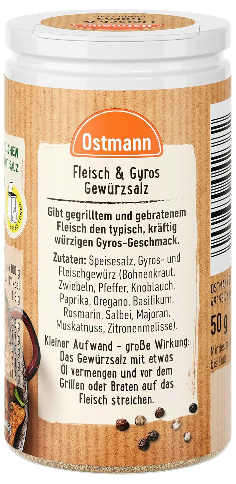 Ostmann Gewürze - Fleisch & Gyros Gewürzsalz | Pikantes Gewürz mit mediterraner Note für ggrilltes und gebratenes Fleisch | Mit praktischem Streuaufsatz | 50 g en un colador