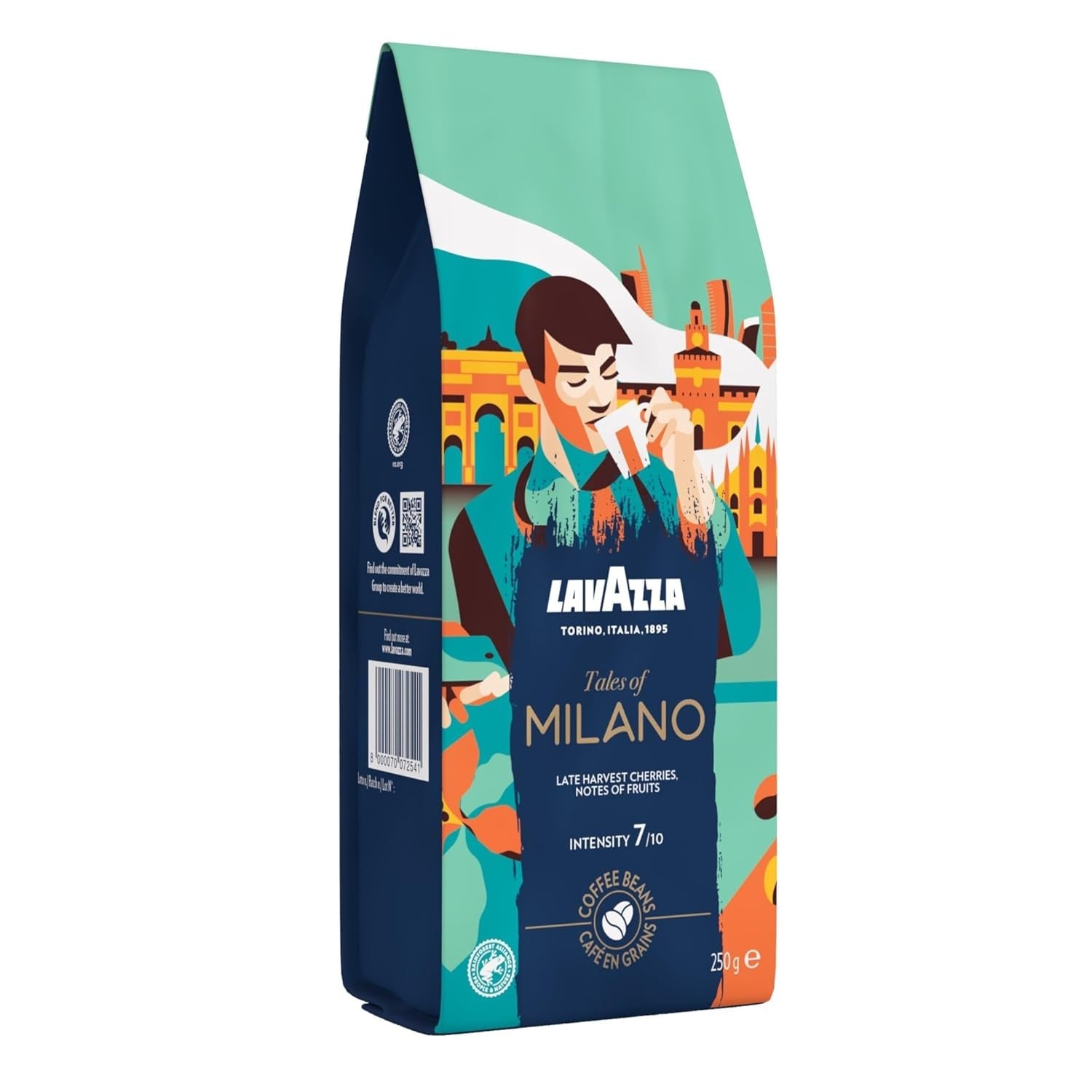 Lavazza, Tales of Roma, café en grano, ideal para máquinas de café Espresso, con notas aromáticas de avellana y chocolate negro, Arábica y Robusta, 250 gramos Naty Shop Coffee 250 gramos Milano