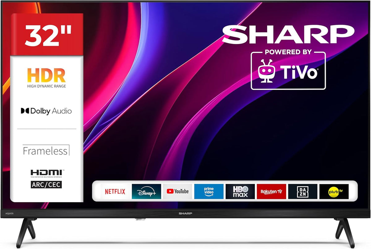 SHARP 32HE2345E – Televizor TiVo, 32" HD, fără ramă, 60 Hz, HDR10, sunet 2x8 W, 3x HDMI, 2x USB, culoare: negru