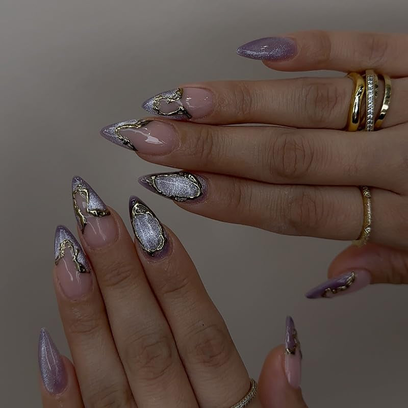 Mouyouglow Unghii False Magnetice Scurte, Roz Migdala Roșu Gradient Sclipici Cat Eye cu Lipici, Unghii Artificiale Roz Roșu Ombre Sclipici Fototerapie Pentru Femei și Fete