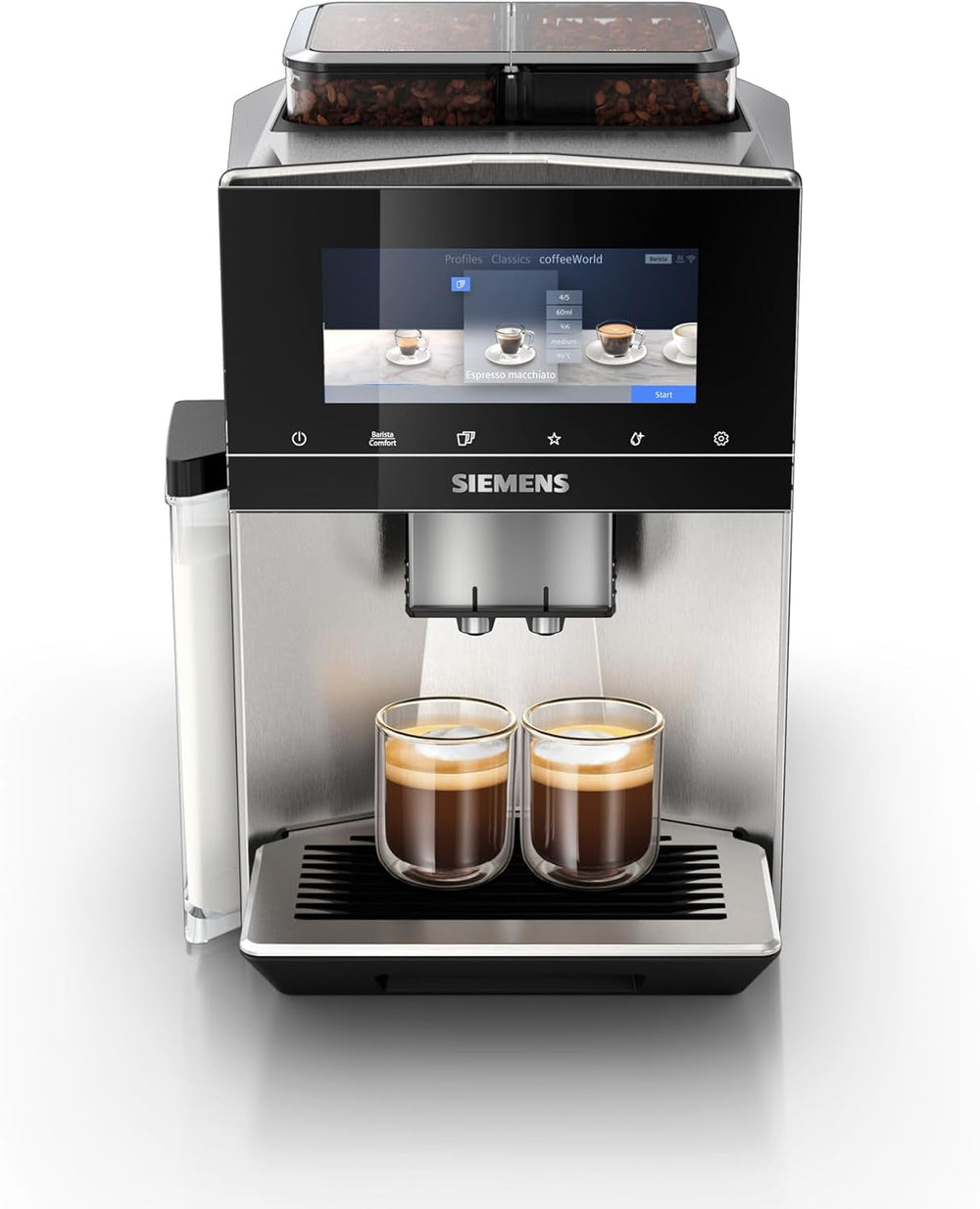 Espressor automat Siemens EQ900, ecran TFT color mare, 2 recipiente pentru boabe, 36 de băuturi calde și reci, cafea rece, super silențios, funcție pentru două cești, control prin aplicație, oțel inoxidabil, TQ907D03