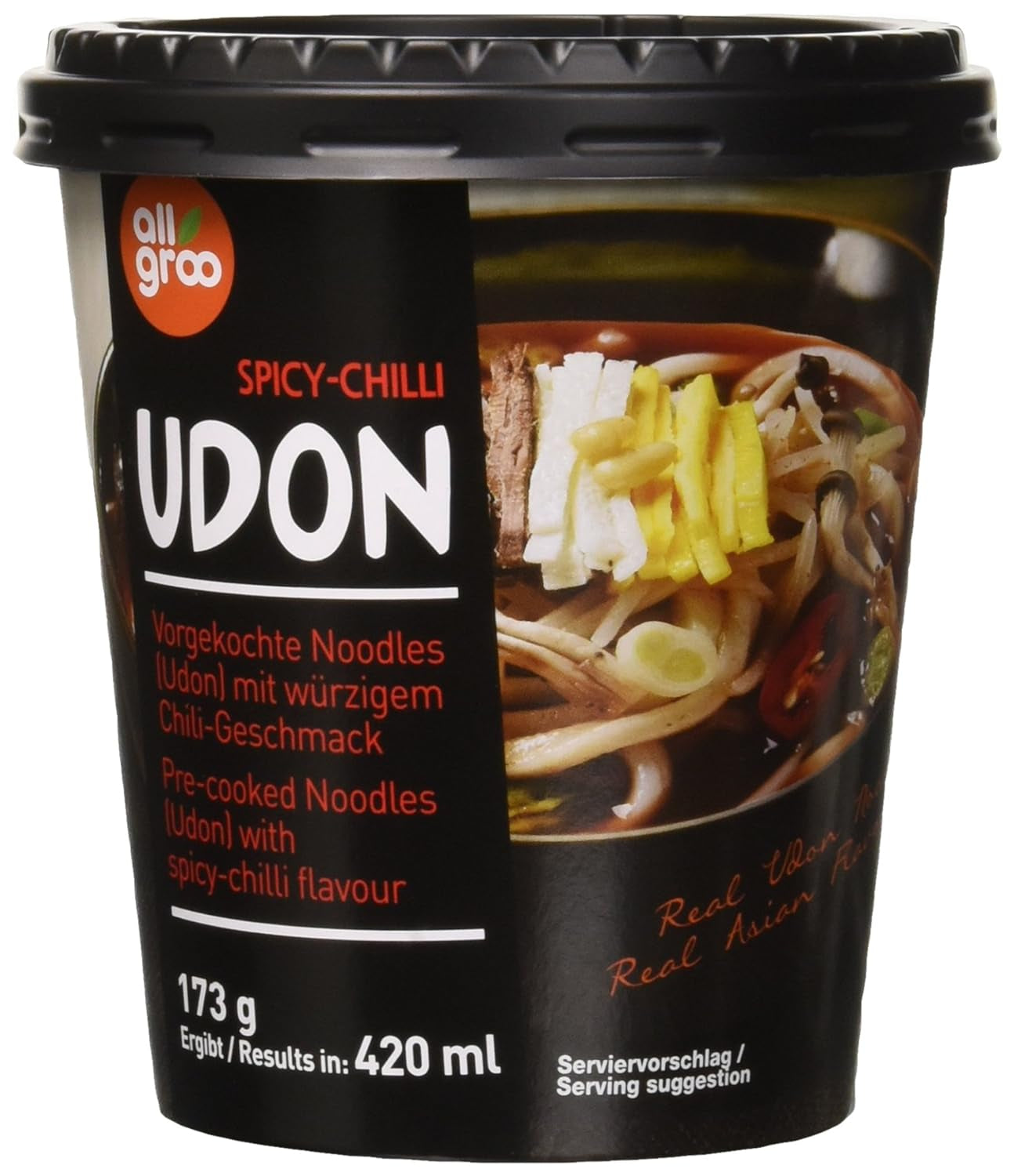 Allgroo Udon Cup Fideos instantáneos - Sopa Udon de mariscos picante y sabrosa - Preparación rápida (1 x 173 g)