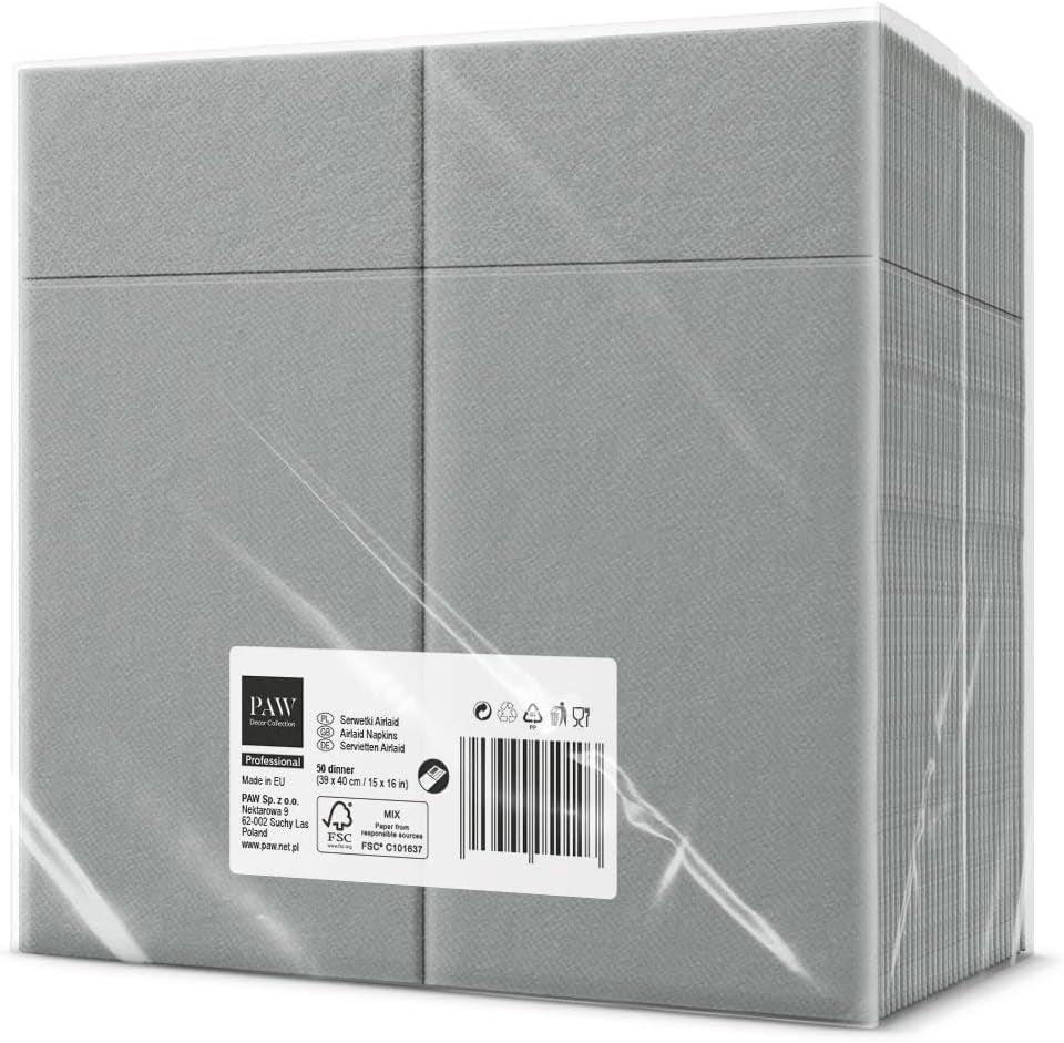 PAW - Șervețele pentru tacâmuri Airlaid - Fabric-like (39 X 40 Cm 1/8 fold) | 50 bucăți | Horeca | Ideal pentru nuntă, botez, comuniune, aniversare | Buzunare pentru tacâmuri | Gri