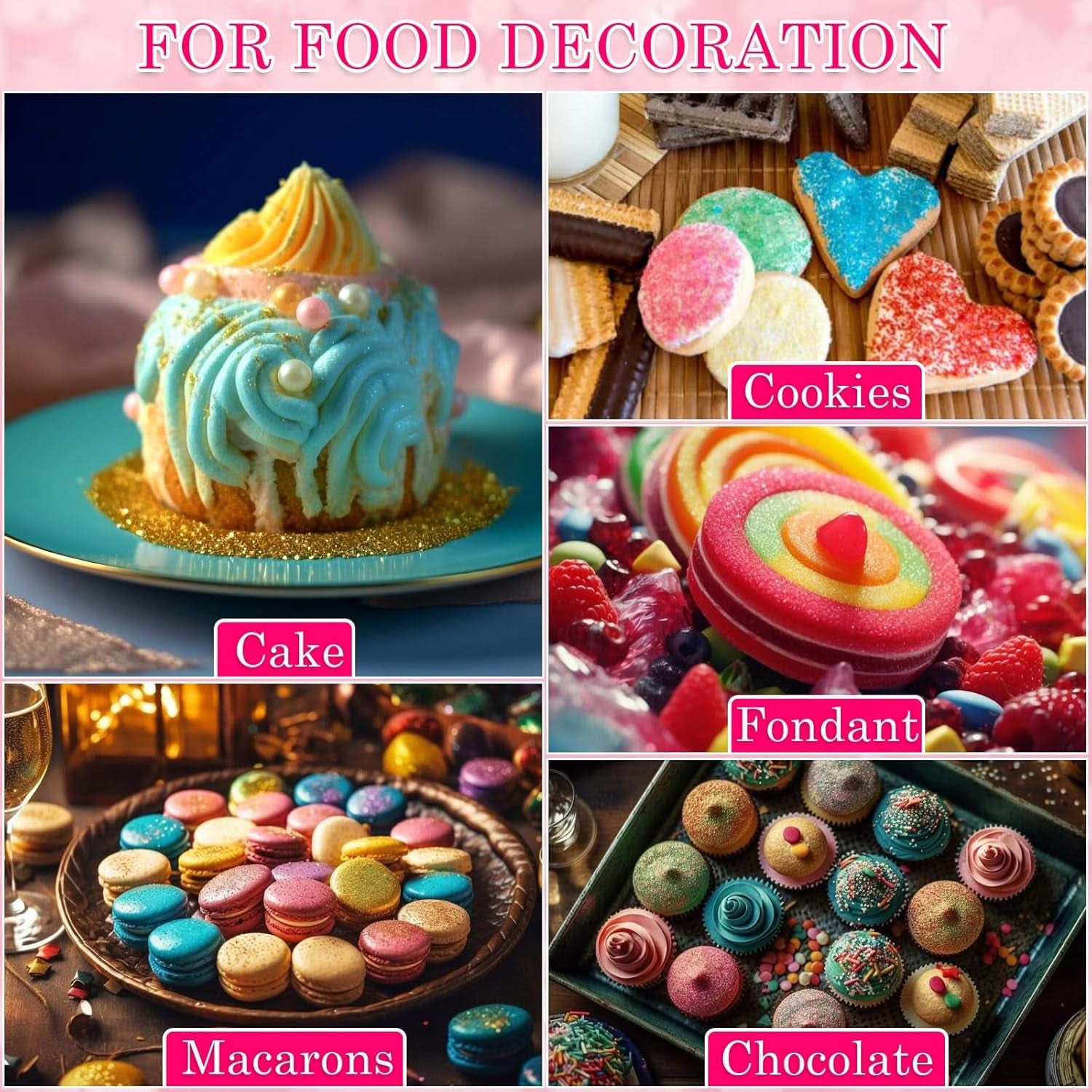 Purpurina comestible, Set de 4 o 6 tonos de color, 4 gramos por producto Glitter Naty Shop