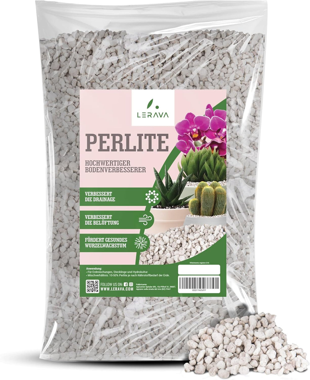 LERAVA® Perlita para Plantas (5L) – Perlita de grano grueso para la mejora del suelo – Garantiza un drenaje y aireación óptimos – Aditivo natural para suelos e hidroponía – Gránulos para plantas