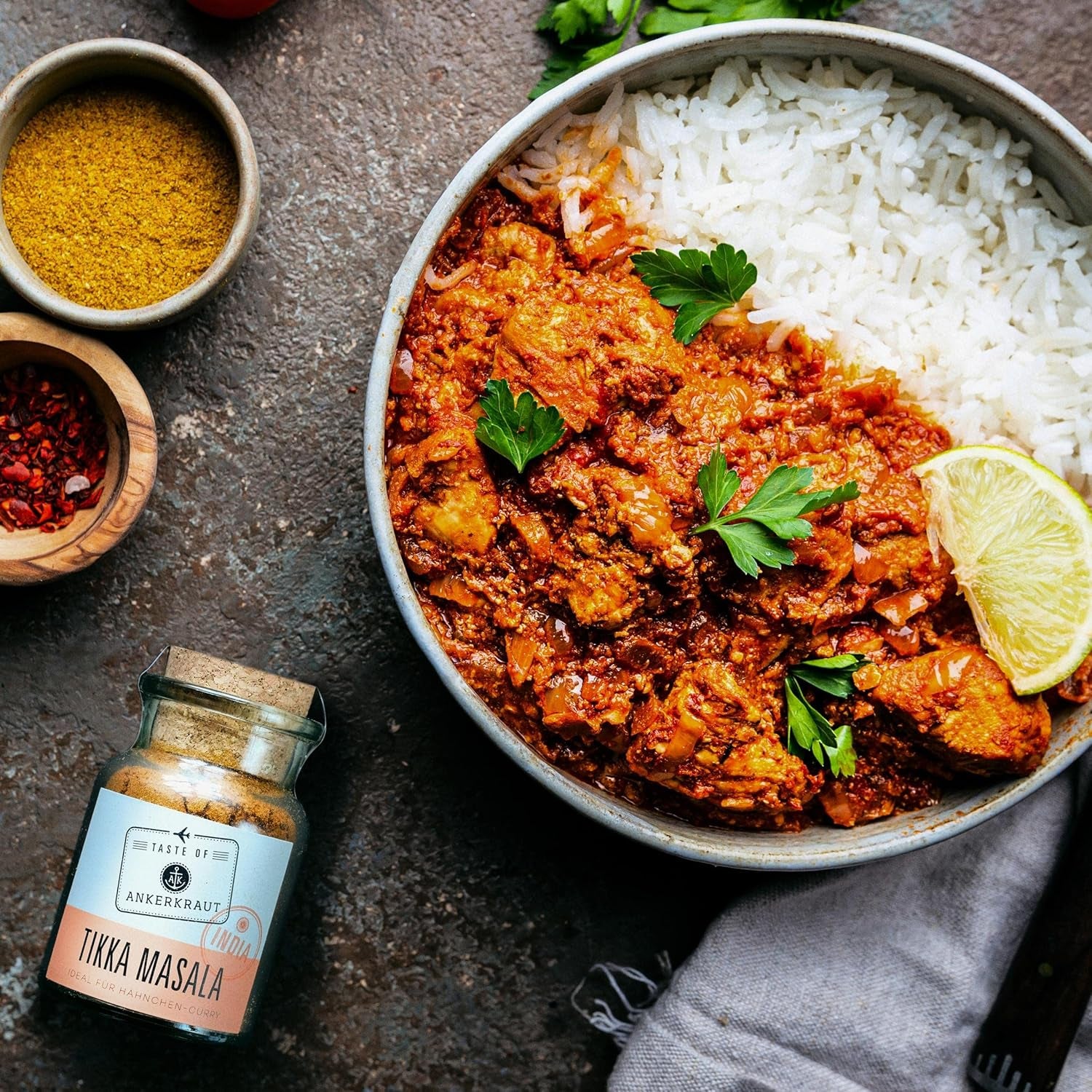 Ankerkraut Tikka Masala Gewürz Indien, 70 g im Korkenglas, Lecker Curry mit Hähnchen, Gemüse, Reis Selber Zu Hause Kochen, Chicken Curry Zuckerfrei in Premium Qualität