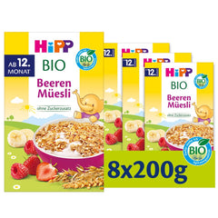 HiPP Bio Beeren-Müesli (8 x 200 g), ab 12. Monat, ohne Zuckerzusatz, besonders fine Stückchen - leicht zu Chechen, in bester Bio-Qualität